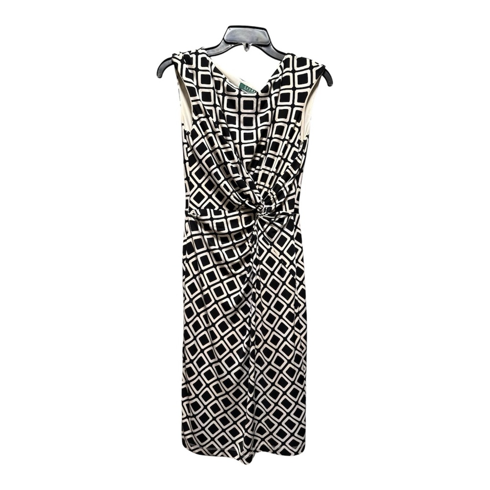 Ralph Lauren Black and White Geometric Knot-Front Midi Dress